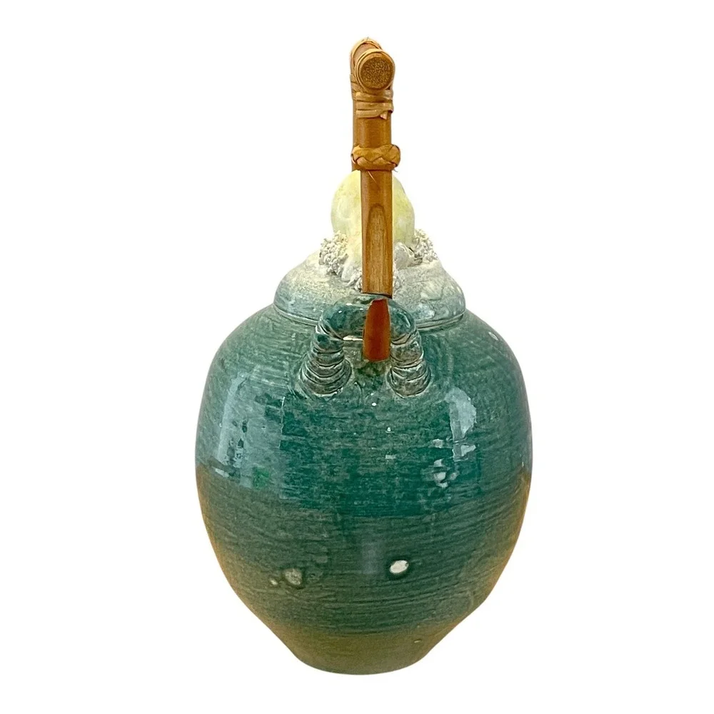 VTG Valencia Maui Raku Studio Pottery Teapot Shell Coral Lid Bamboo Handle Ocean